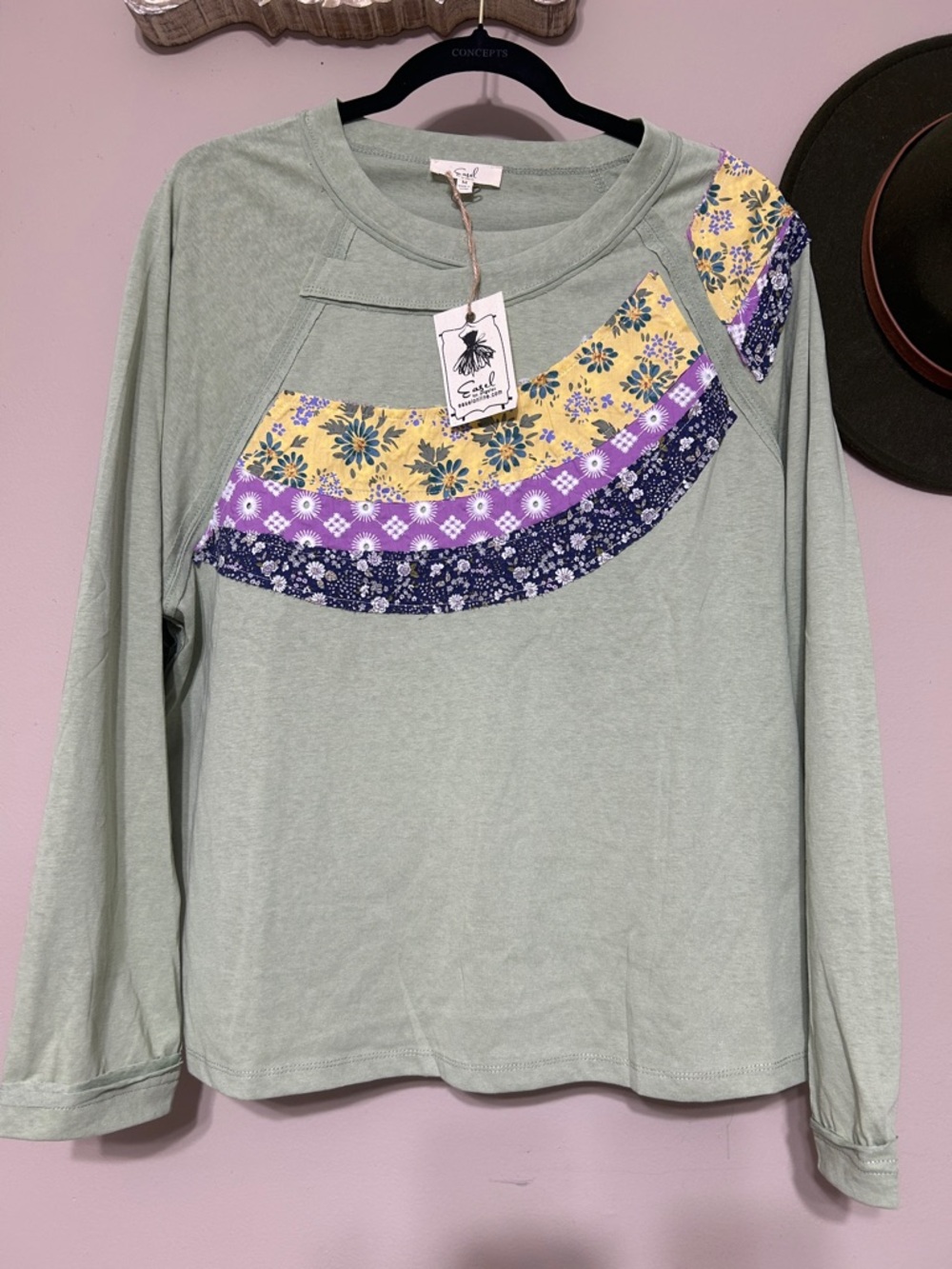 easel Sage Green Long Sleeve Top with Yellow and Purple Floral Accents